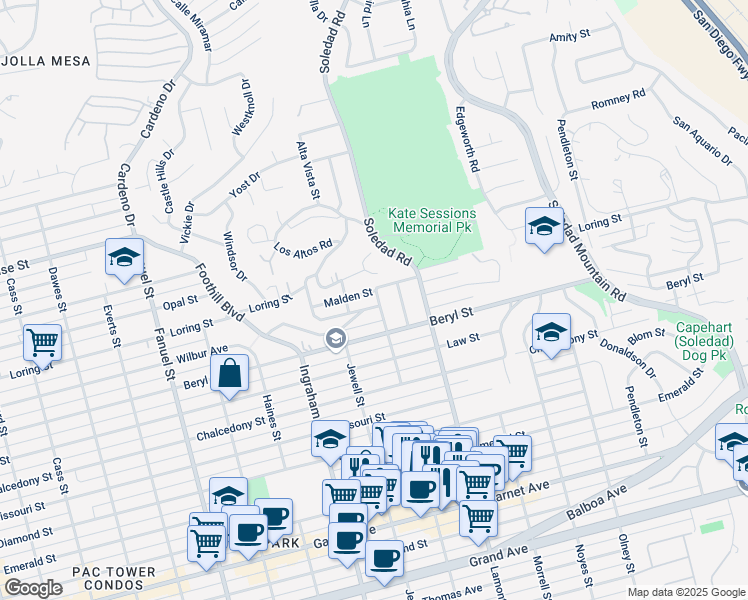 map of restaurants, bars, coffee shops, grocery stores, and more near 4964 Kendall Street in San Diego