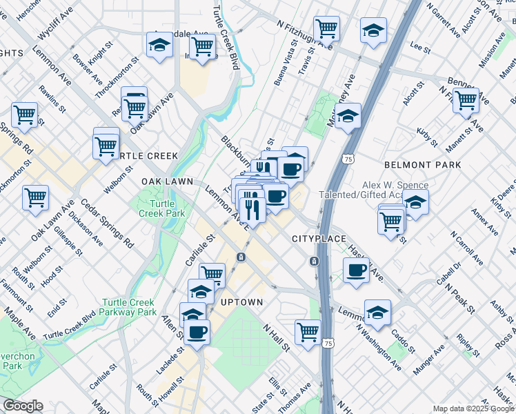 map of restaurants, bars, coffee shops, grocery stores, and more near 3699 McKinney Avenue in Dallas