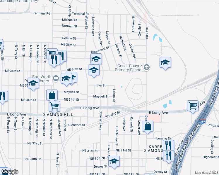 map of restaurants, bars, coffee shops, grocery stores, and more near 3509 Lebow Street in Fort Worth