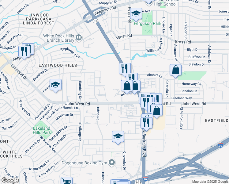 map of restaurants, bars, coffee shops, grocery stores, and more near 3105 Peavy Road in Dallas