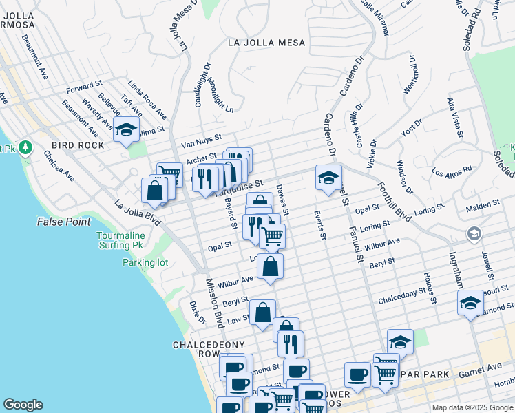 map of restaurants, bars, coffee shops, grocery stores, and more near 5133 Cass Street in San Diego