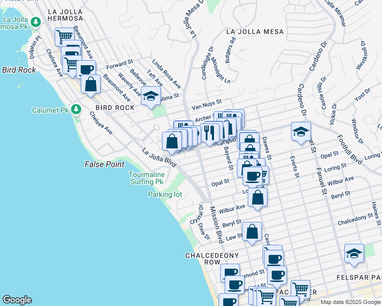 map of restaurants, bars, coffee shops, grocery stores, and more near in San Diego