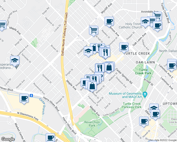 map of restaurants, bars, coffee shops, grocery stores, and more near 2720 Reagan Street in Dallas
