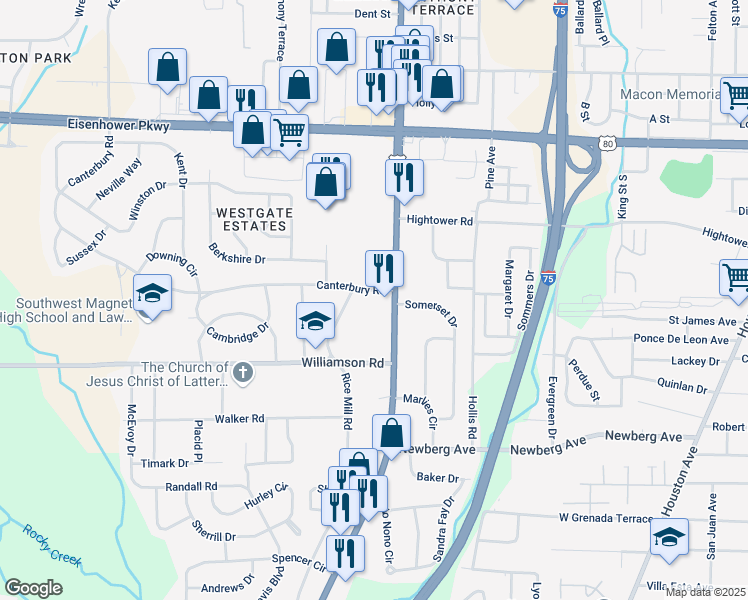 map of restaurants, bars, coffee shops, grocery stores, and more near 3018 Rice Mill Rd in Macon