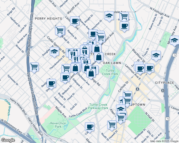 map of restaurants, bars, coffee shops, grocery stores, and more near 3604 Cedar Springs Road in Dallas