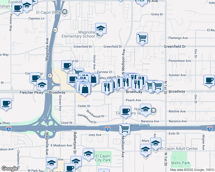 map of restaurants, bars, coffee shops, grocery stores, and more near 716 Broadway in El Cajon