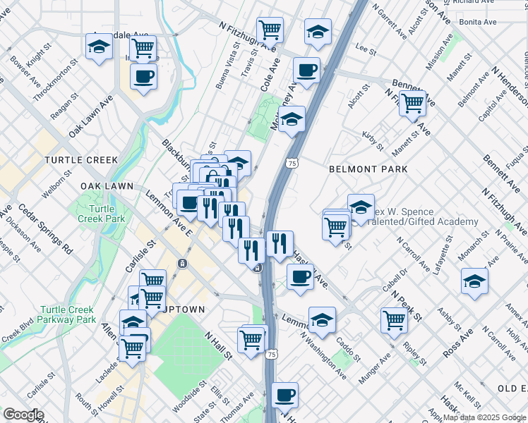 map of restaurants, bars, coffee shops, grocery stores, and more near 3901 North Central Expressway in Dallas