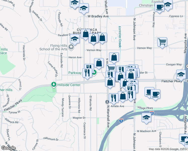 map of restaurants, bars, coffee shops, grocery stores, and more near 1280 Fletcher Parkway in El Cajon