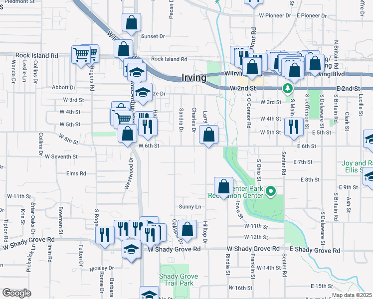 map of restaurants, bars, coffee shops, grocery stores, and more near 622 West 6th Street in Irving