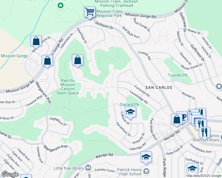 map of restaurants, bars, coffee shops, grocery stores, and more near 8140 Laurelridge Road in San Diego