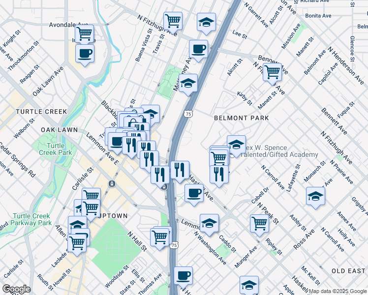 map of restaurants, bars, coffee shops, grocery stores, and more near 2828 North Haskell Avenue in Dallas