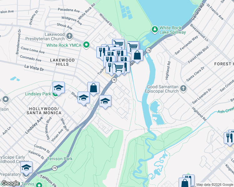 map of restaurants, bars, coffee shops, grocery stores, and more near 7414 East Grand Avenue in Dallas
