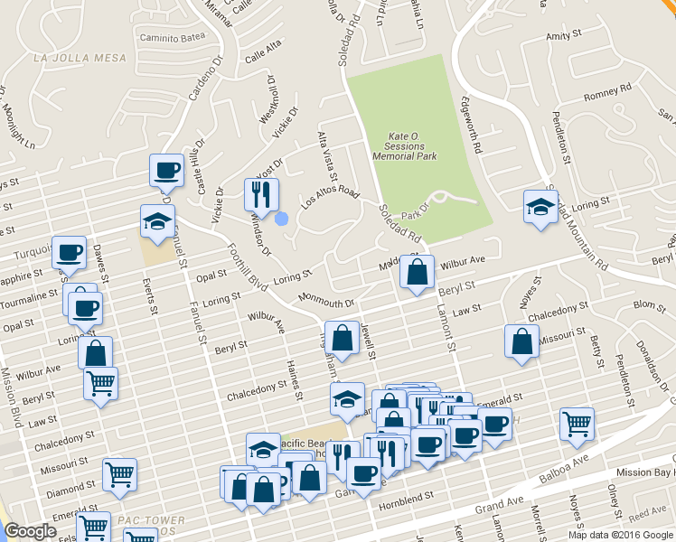 map of restaurants, bars, coffee shops, grocery stores, and more near 1640 Collingwood Drive in San Diego