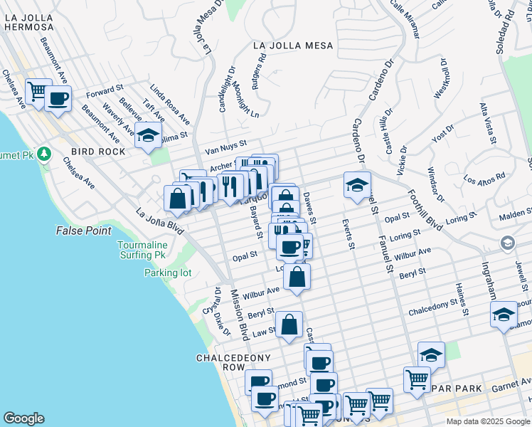 map of restaurants, bars, coffee shops, grocery stores, and more near 5130 Bayard Street in San Diego