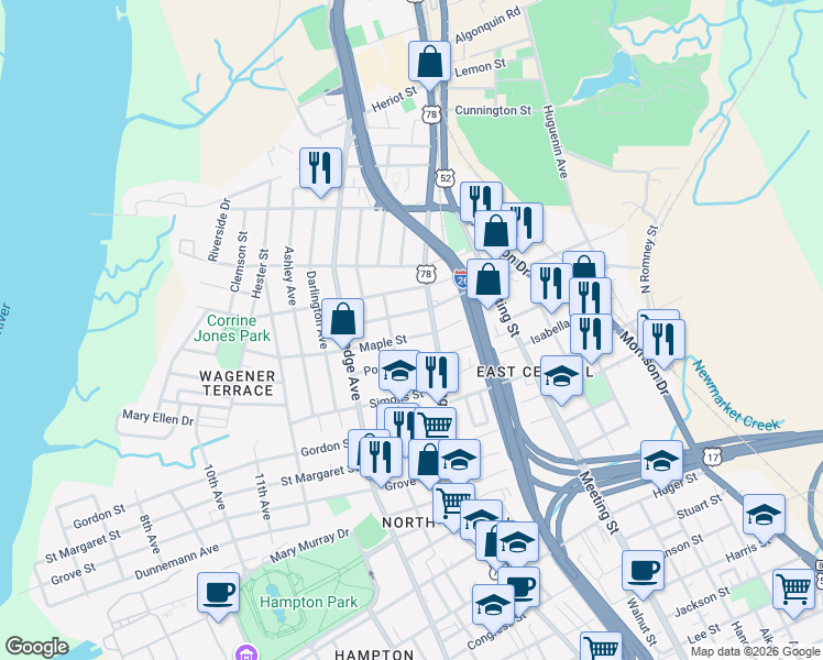 map of restaurants, bars, coffee shops, grocery stores, and more near 1129 King Street in Charleston