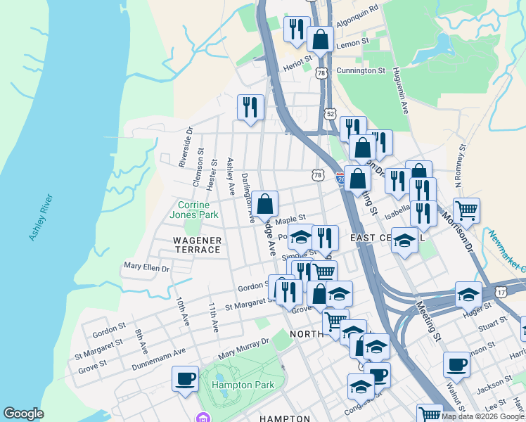 map of restaurants, bars, coffee shops, grocery stores, and more near 854 Rutledge Avenue in Charleston