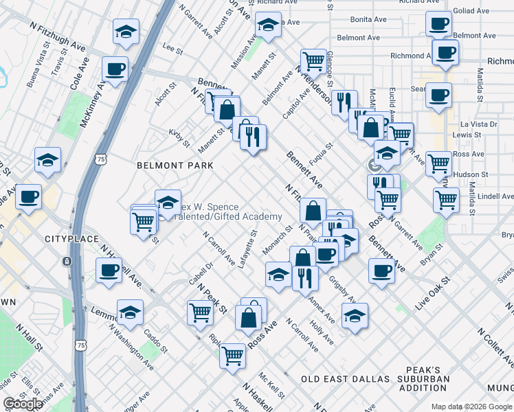 map of restaurants, bars, coffee shops, grocery stores, and more near 708 Lafayette Street in Dallas