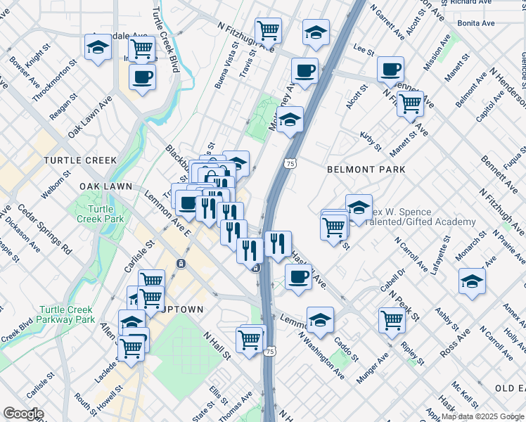 map of restaurants, bars, coffee shops, grocery stores, and more near 3901 North Central Expressway in Dallas