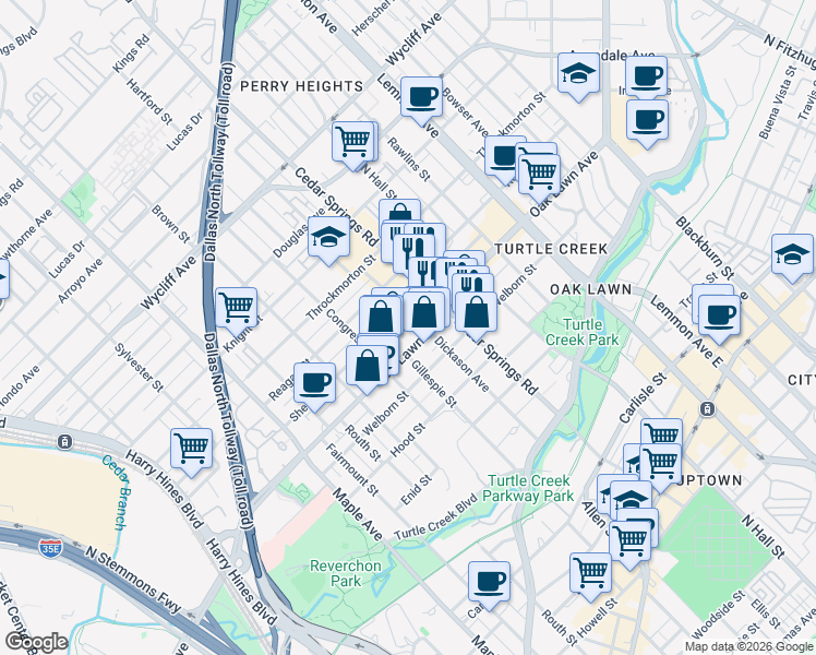 map of restaurants, bars, coffee shops, grocery stores, and more near 2916 Oak Lawn Avenue in Dallas
