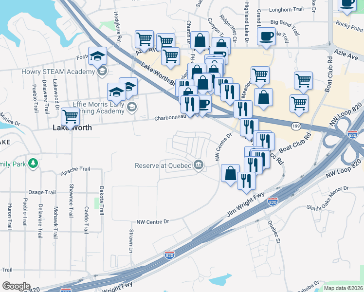 map of restaurants, bars, coffee shops, grocery stores, and more near 6600 Charbonneau Road in Fort Worth