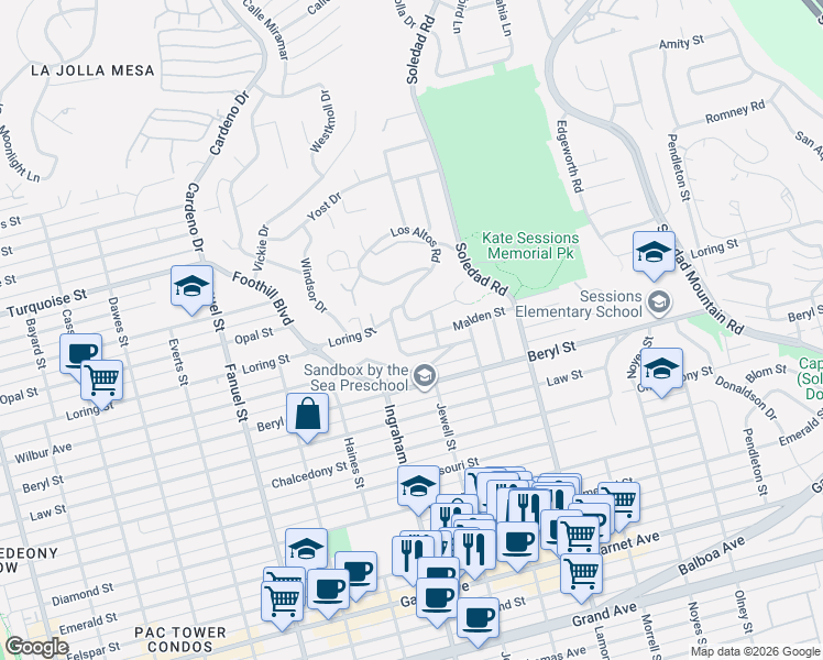 map of restaurants, bars, coffee shops, grocery stores, and more near 1624 Malden Street in San Diego