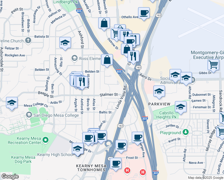 map of restaurants, bars, coffee shops, grocery stores, and more near in San Diego