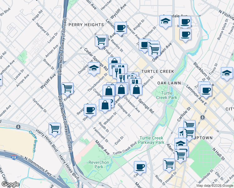 map of restaurants, bars, coffee shops, grocery stores, and more near 2916 Oak Lawn Avenue in Dallas