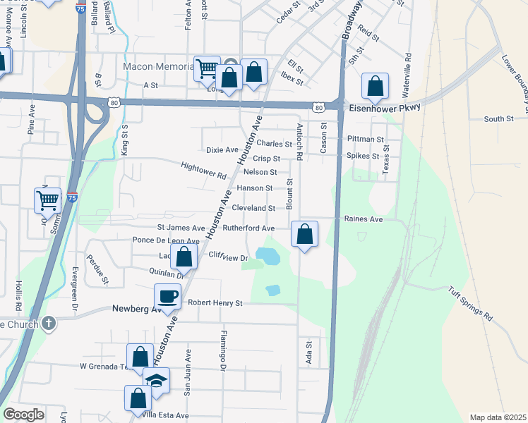 map of restaurants, bars, coffee shops, grocery stores, and more near 2990 Simmons Street in Macon