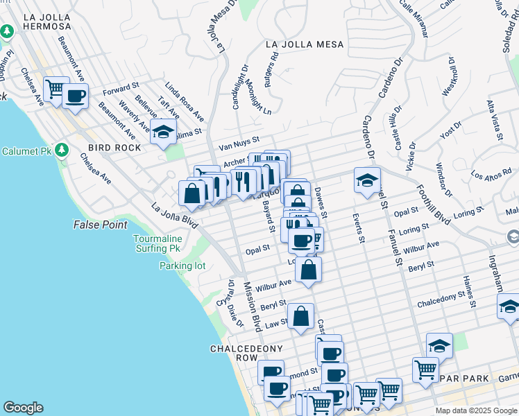 map of restaurants, bars, coffee shops, grocery stores, and more near 5130 Bayard Street in San Diego