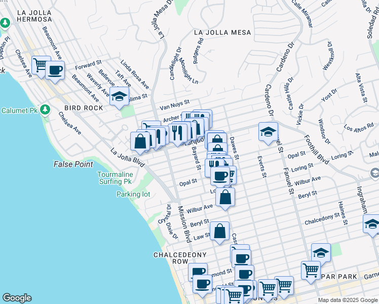 map of restaurants, bars, coffee shops, grocery stores, and more near 904 Sapphire Street in San Diego