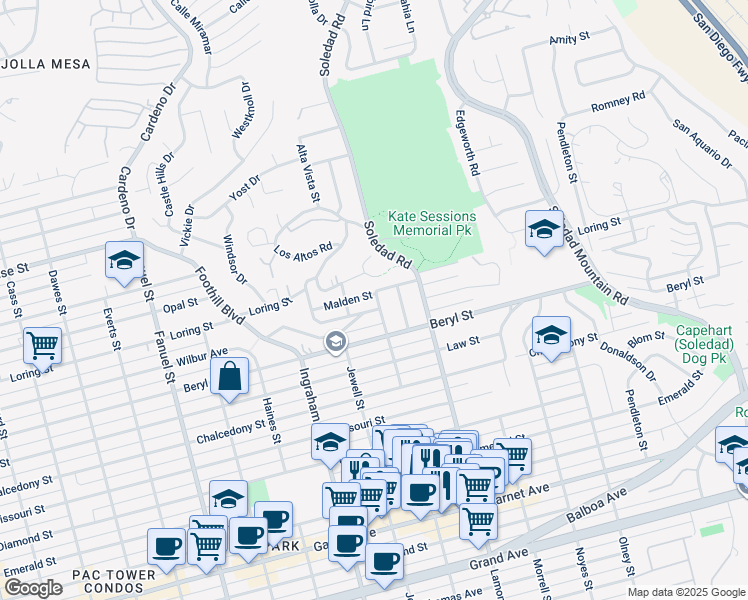 map of restaurants, bars, coffee shops, grocery stores, and more near 4964 Kendall Street in San Diego