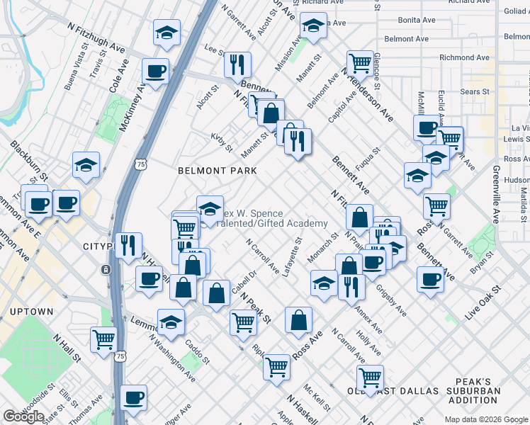 map of restaurants, bars, coffee shops, grocery stores, and more near 4531 Rusk Avenue in Dallas