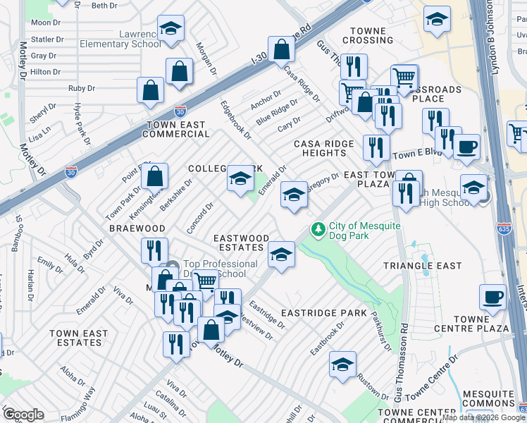 map of restaurants, bars, coffee shops, grocery stores, and more near 2812 Miller Place in Mesquite