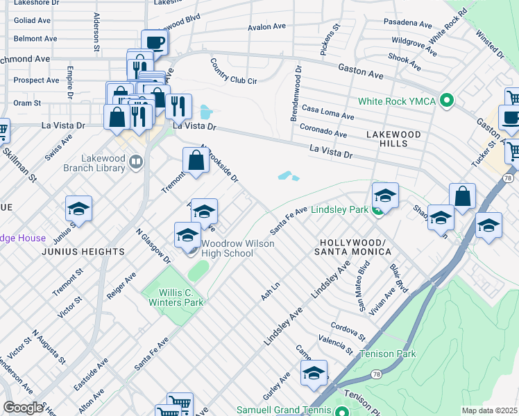 map of restaurants, bars, coffee shops, grocery stores, and more near 101 South Brookside Drive in Dallas
