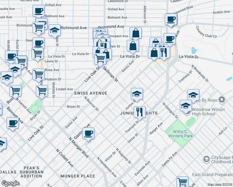map of restaurants, bars, coffee shops, grocery stores, and more near 5727 Gaston Avenue in Dallas