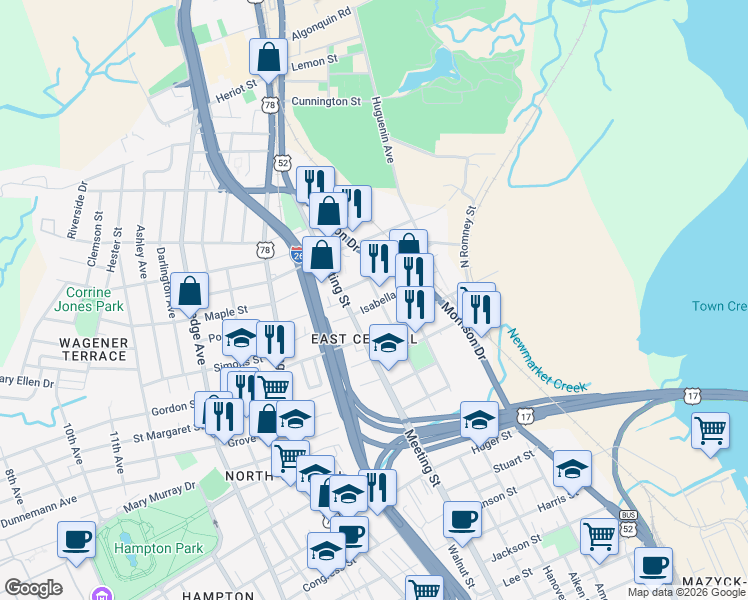 map of restaurants, bars, coffee shops, grocery stores, and more near 45 Isabella Street in Charleston