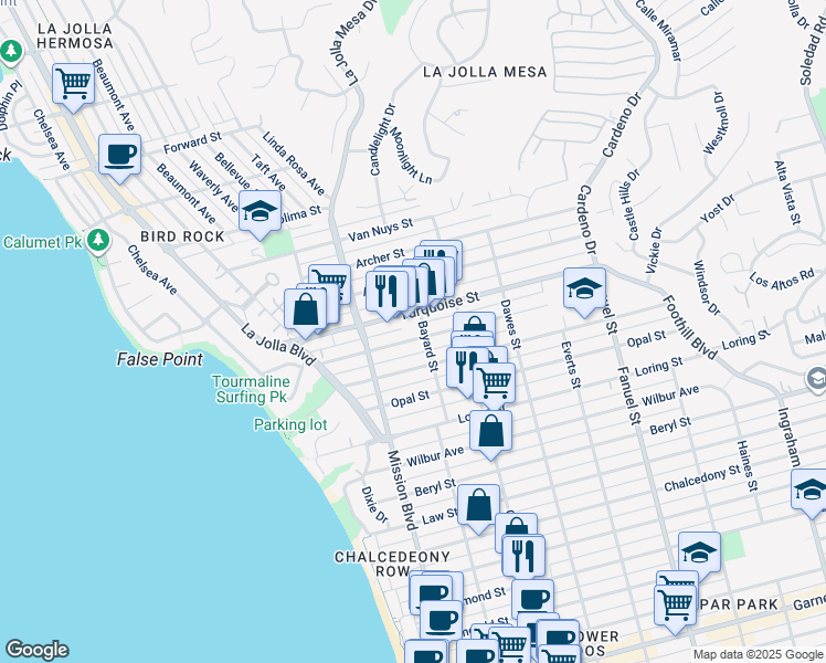 map of restaurants, bars, coffee shops, grocery stores, and more near 5130 Bayard Street in San Diego