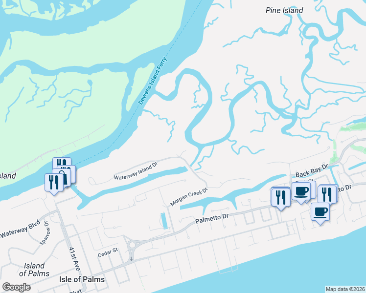 map of restaurants, bars, coffee shops, grocery stores, and more near 1 Waterway Island Drive in Isle of Palms
