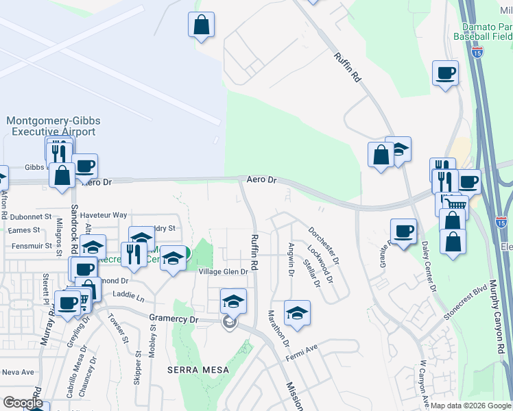 map of restaurants, bars, coffee shops, grocery stores, and more near 3558 Ruffin Road in San Diego