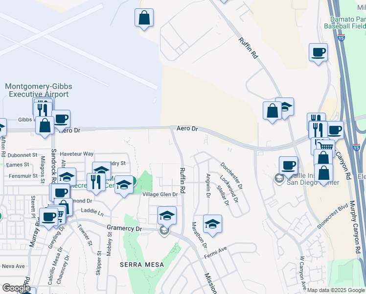 map of restaurants, bars, coffee shops, grocery stores, and more near 3583 Ruffin Road in San Diego
