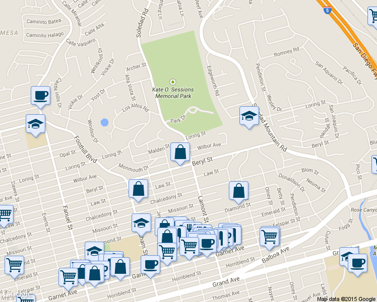map of restaurants, bars, coffee shops, grocery stores, and more near Lamont St & Wilbur Ave in San Diego