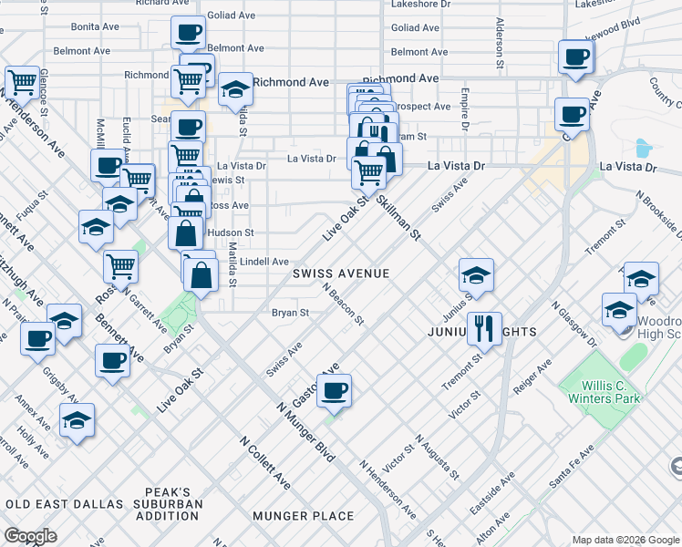 map of restaurants, bars, coffee shops, grocery stores, and more near in Dallas