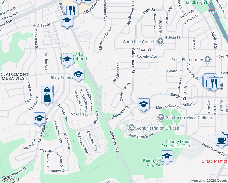 map of restaurants, bars, coffee shops, grocery stores, and more near 3450 Aldford Drive in San Diego