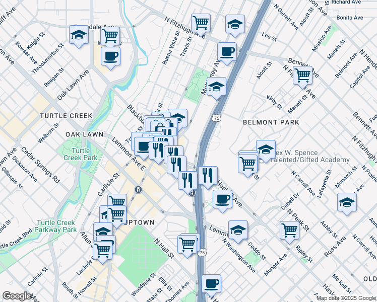 map of restaurants, bars, coffee shops, grocery stores, and more near 2990 Blackburn Street in Dallas