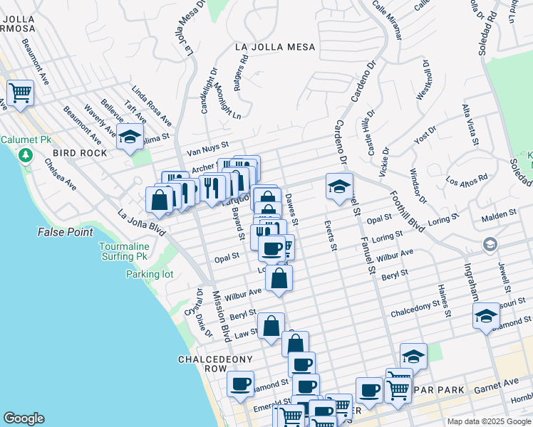 map of restaurants, bars, coffee shops, grocery stores, and more near 1017 Sapphire Street in San Diego