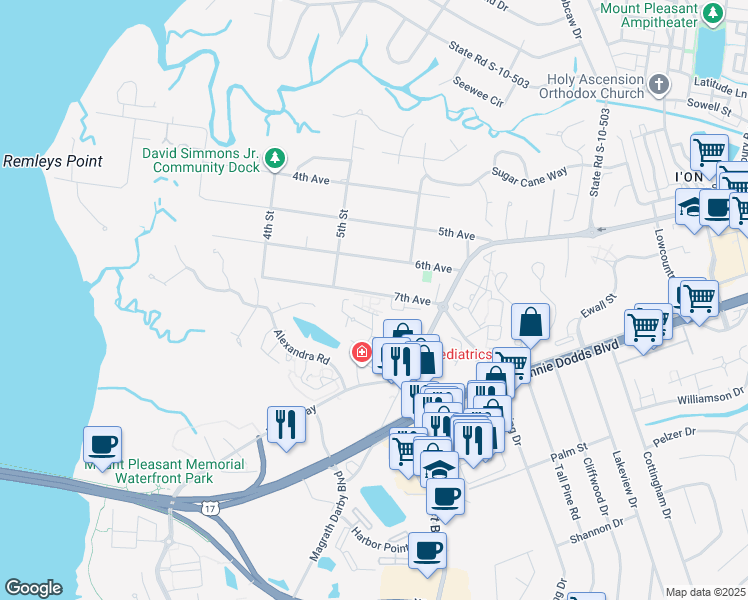 map of restaurants, bars, coffee shops, grocery stores, and more near 336 Sandpiper Drive in Mount Pleasant