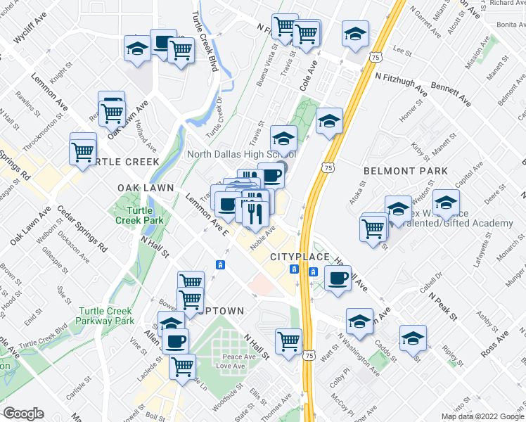 map of restaurants, bars, coffee shops, grocery stores, and more near 3700 Cityplace West Boulevard in Dallas