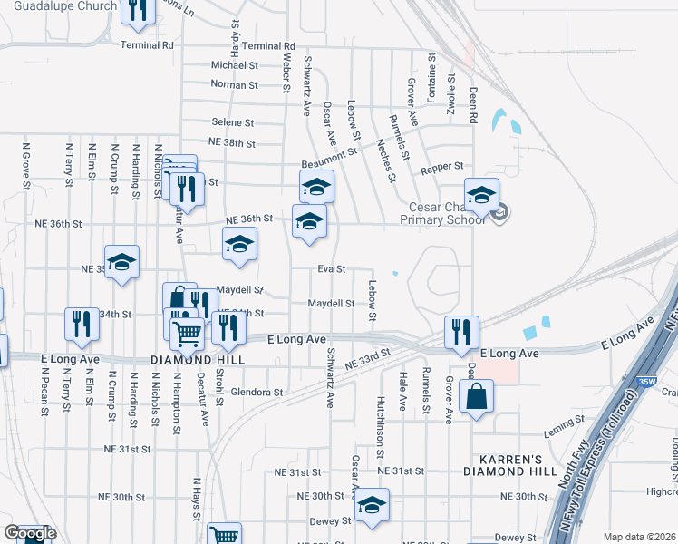 map of restaurants, bars, coffee shops, grocery stores, and more near 3510 Schwartz Avenue in Fort Worth