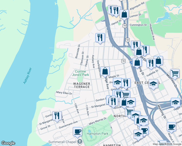 map of restaurants, bars, coffee shops, grocery stores, and more near 30 Piedmont Avenue in Charleston