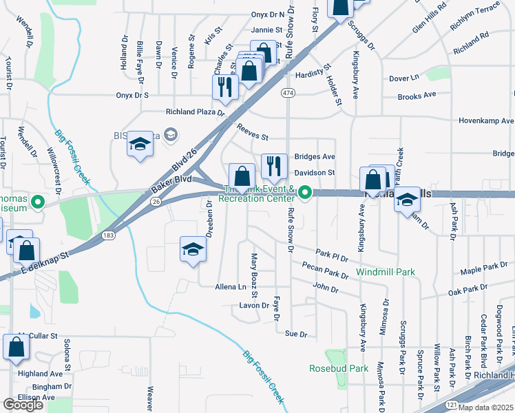 map of restaurants, bars, coffee shops, grocery stores, and more near 6604 Laura Ann Court in Richland Hills